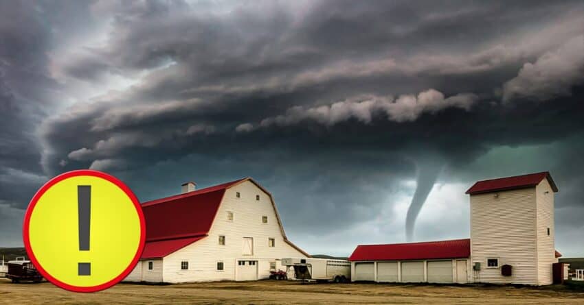 The image shows gloomy skies, a tornado warning, and a tornado on top of a house.
