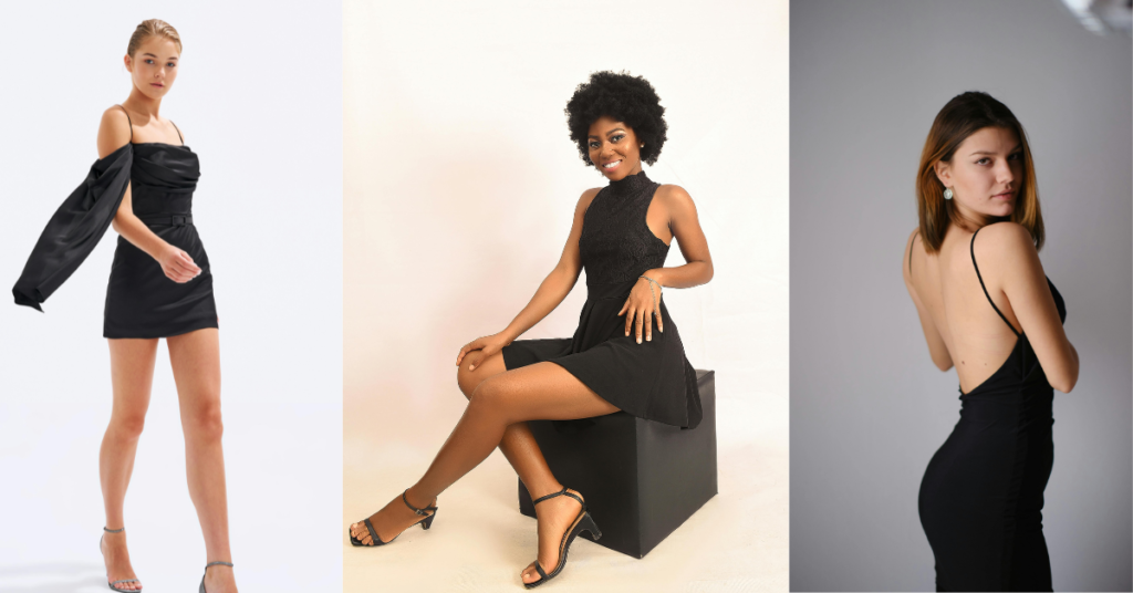 Three different outfit ideas with a black short dress.