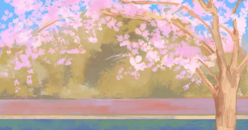 Animated view of Sakura on a road, from one of the best anime to watch.