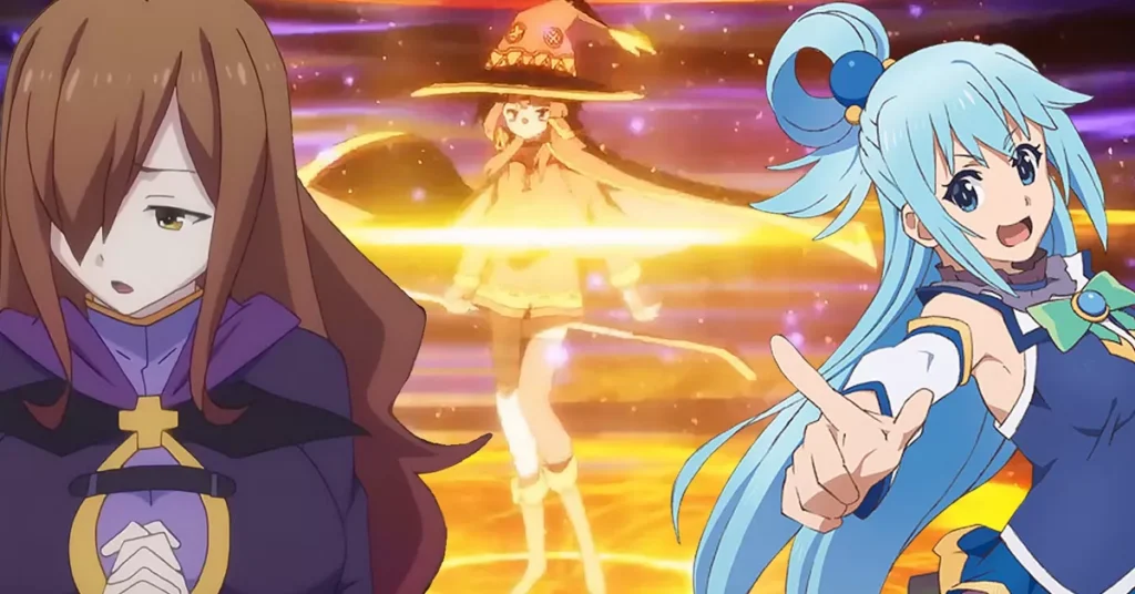 A poster from KonoSuba, rated as the best isekai anime to watch.
