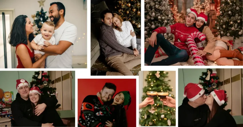 A collage of different couples celebrating the Christmas season by trying out different date ideas.