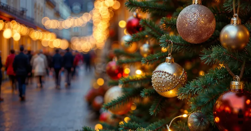 A zoom-in image of a Christmas tree and market, offering some unique date ideas.