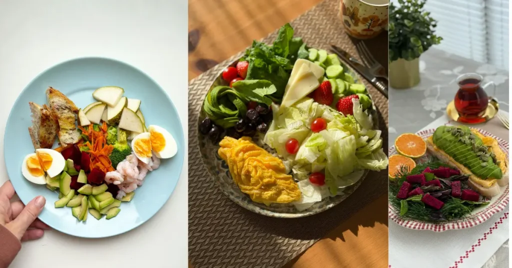 3 different images, highlighting different plates full of balanced meals, as part of the Golo diet plan.